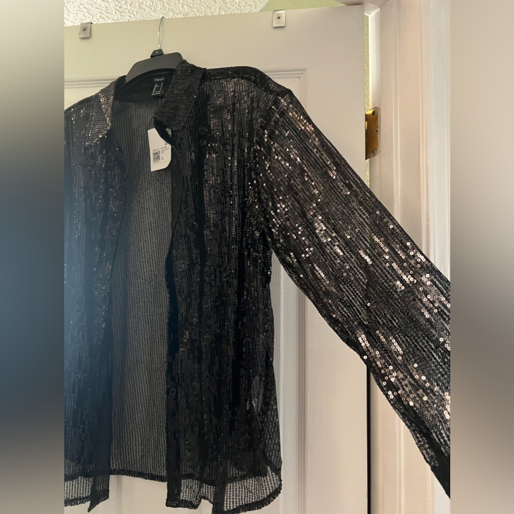 Black Sequin Button Up Sheer Top